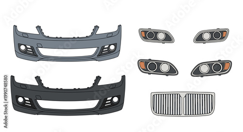 A detailed collection of automotive replacement parts includes two front bumpers in different shades in a clean workshop with headlights and a grille.