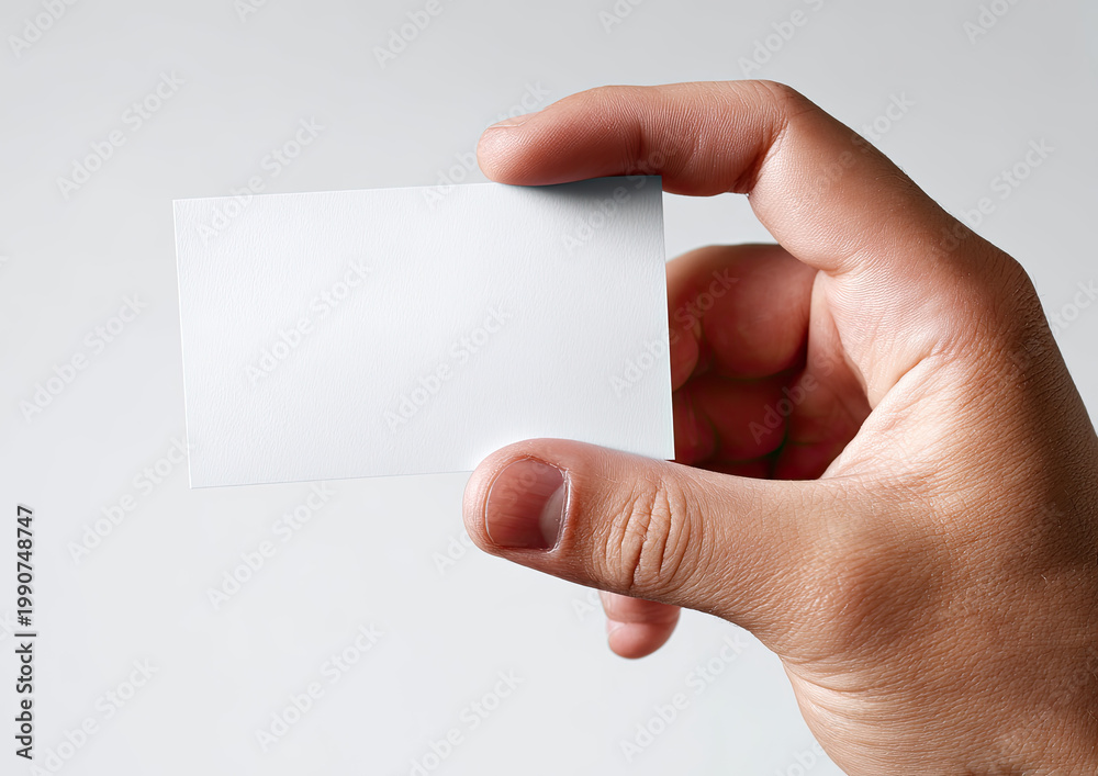 Obraz premium Hand holds blank white card against a light gray background