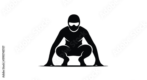 Silhouette of a person in a crouching position wearing a mask with silhouette