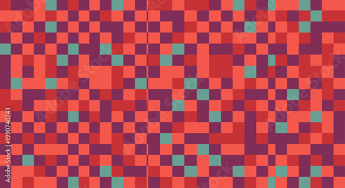 A randomized mosaic of coral, deep purple, and teal squares forming a seamless geometric pattern