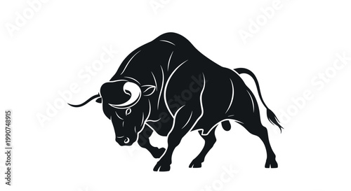 A fierce black bull with curved horns lowers its head in a defensive charging posture against a bright white backdrop with clean vector line art now.