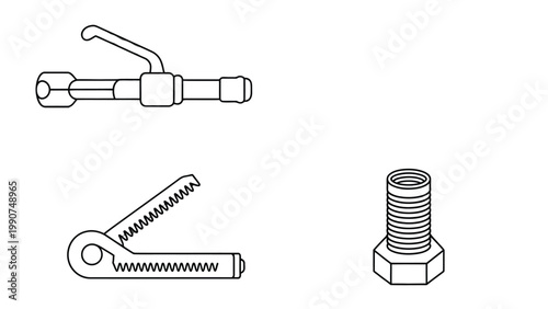 Tools of Industry: Precision tools, including a grease gun, a cotter pin puller, and a bolt, showcase the essential components utilized in manufacturing, maintenance, and construction. 