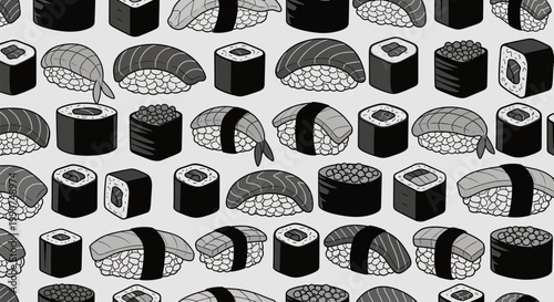 A seamless pattern of various sushi and maki rolls in a simple, grayscale isometric style