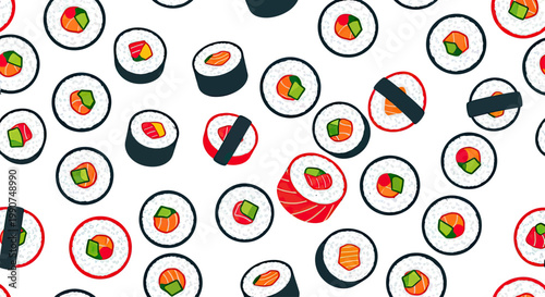 Scattered, hand-drawn sushi rolls with visible fillings on a white background
