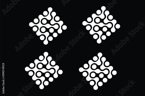 Set of meta ball patterns. Black liquid drops or morph shapes isolated on white background. Neurons or molecules texture. Modern abstract print with connected dots. Vector graphic illustration.