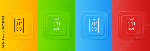 White Telephone with emergency call 911 icon isolated on colorful background. Police, ambulance, fire department, call, phone. Set icons in square buttons. Vector