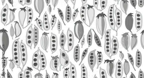 A monochrome, repeating pattern of various pea pods filled with seeds