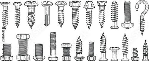 Collection of hand drawn metal screws bolts and hardware fasteners in vintage sketch style isolated on white background for construction carpentry and industrial repair design