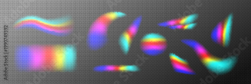 Holographic rainbow light effects, transparent background. Colorful prism reflections, gradient flare overlay, abstract iridescent texture