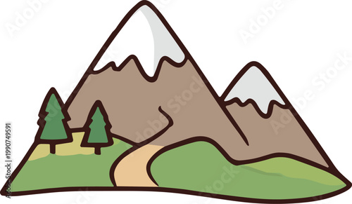 Mountain Landscape with Path and Snow Peaks Flat Vector Illustration