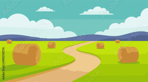 Vibrant cartoon rural landscape with hay bales, green fields, and winding path