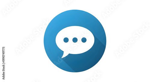 A blue circle displays a white speech bubble with three dots on a transparent background.