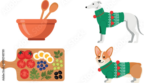 Lifestyle vector set featuring wooden salad bowl healthy food platter on cutting board and cute dogs wearing green sweaters.