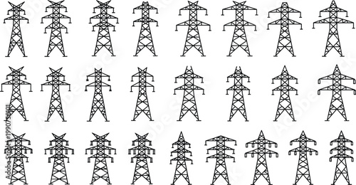 Collection of Powerline Tower Designs, Featuring Different Poses and Variations