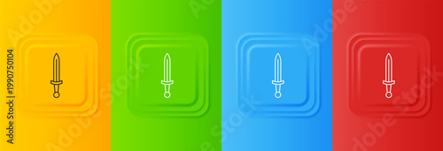 White Medieval sword icon isolated on colorful background. Medieval weapon. Set icons in square buttons. Vector