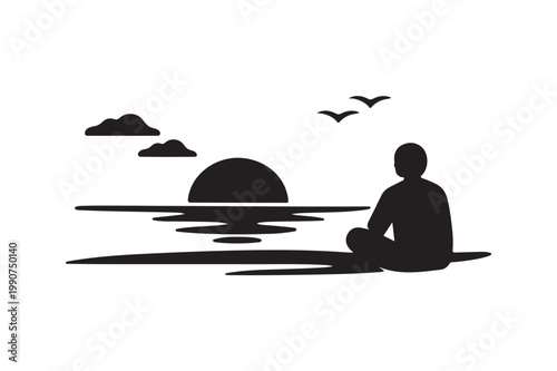 A person watching sunset on beach icon silhouette on white background.