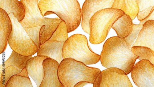 A close-up watercolor painting of irregularly shaped, golden potato chips