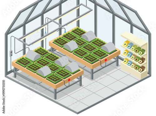 Isometric smart agriculture in a modern greenhouse with hydroponic systems and LED grow lights, illustrating sustainable farming technology