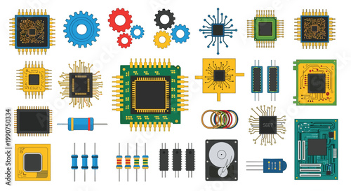 A comprehensive assortment of colorful electronic components including microchips, gears, resistors, and a hard drive sits neatly arranged on a clean white background.