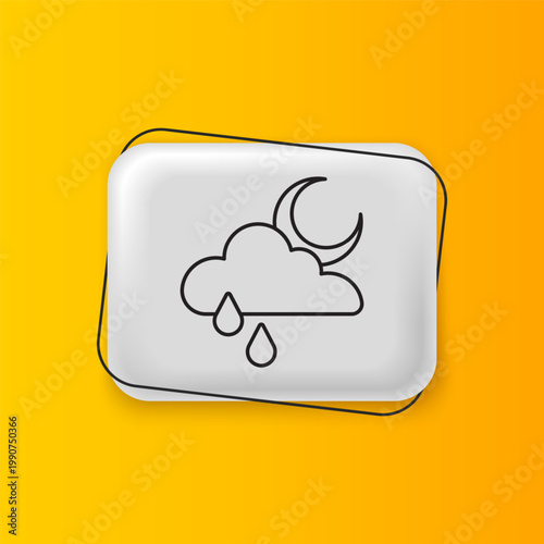 Black Cloud with rain and moon icon isolated on yellow background. Rain cloud precipitation with rain drops. Silver rectangle button. Vector