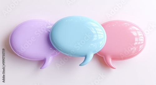 Three glossy, pastel speech bubbles arranged closely together