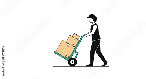 A diligent female delivery worker in a black uniform pushes a teal hand truck loaded with three brown cardboard boxes across a pristine white background.