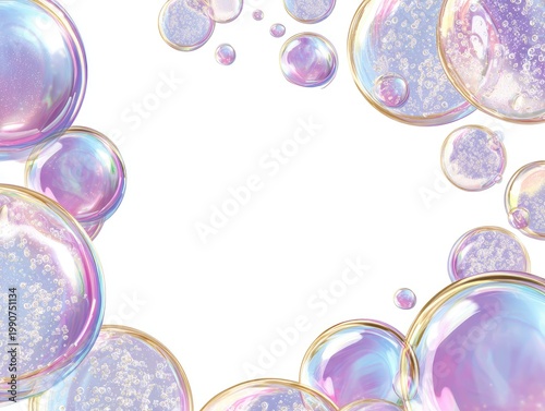 Transparent, iridescent bubbles with gold rims float against a white background