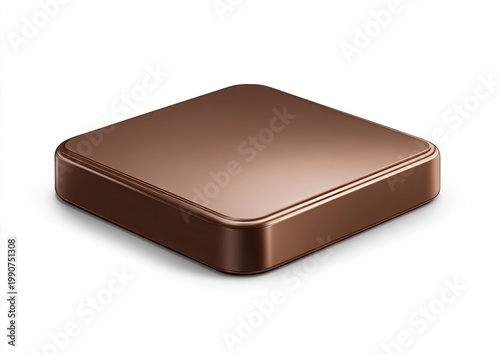 A smooth, square piece of rich brown chocolate rests on a white background