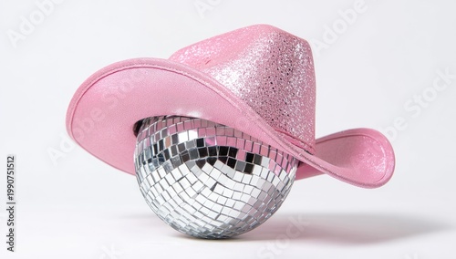 A sparkling disco ball peeks from under a pink glitter cowboy hat
