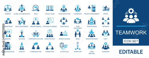 Teamwork and Collaboration solid icon set. Includes symbols for team success, Team Building, leadership and Virtual Team. flat vector for business management and connection.