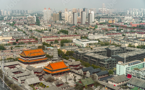 Aerial View of Dabei Monastery and Tianjin City Skyline