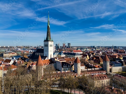 Vászonkép Aerial drone view of Saint Olafs Church and medieval Tallinn Old Town