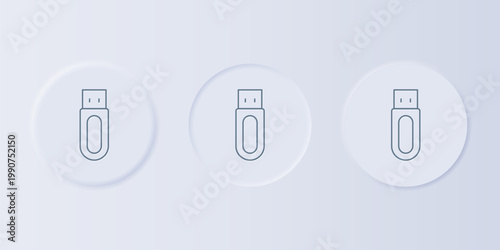Grey USB flash drive icon isolated on grey background. Set icons in square buttons. Vector