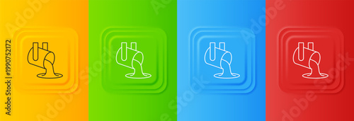 White Molten gold being poured icon isolated on colorful background. Molten metal poured from ladle. Set icons in square buttons. Vector