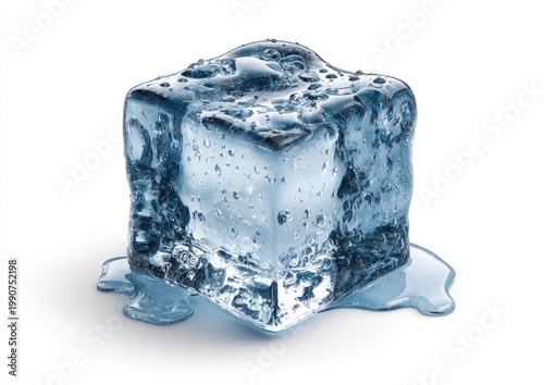 Transparent ice cube with water droplets, partially melting on a white surface