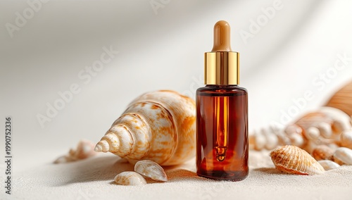 Amber serum dropper bottle with golden accents rests among seashells and sand