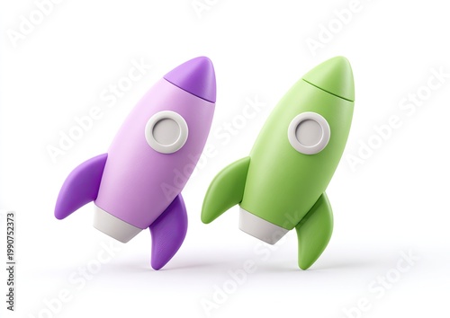 Two cartoon-style rockets, purple and green, hover against a white background