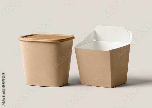 Two open and closed paper food containers with a natural wood-grain lid