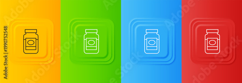 White Jam jar icon isolated on colorful background. Set icons in square buttons. Vector
