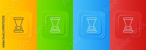 White Old hourglass with flowing sand icon isolated on colorful background. Sand clock sign. Business and time management concept. Set icons in square buttons. Vector