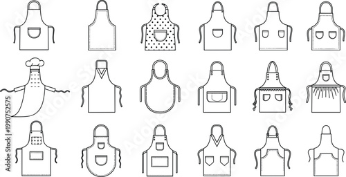 Collection of Various Apron Designs, Featuring Different Styles, Patterns, and Pockets for Cooking and Kitchen Use