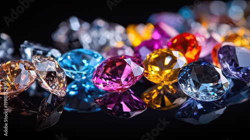 Colorful sparkling gemstones in various shapes and sizes reflecting light against black background showcasing the beauty and brilliance of precious stones