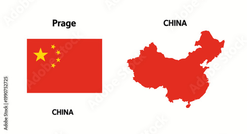 China Map and National Flag with Text on Isolated White Background