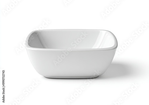 A simple, clean, white, square-shaped ceramic bowl on a white background