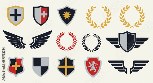 Set of Colorful Shield, Laurel Wreath, and Wing Vector Badges in Bright Studio