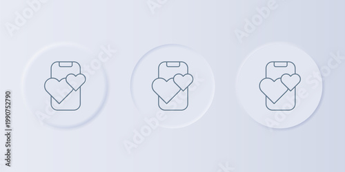 Grey Dating app online mobile concept icon isolated on grey background. Female male profile flat design. Couple match for relationship. Set icons in square buttons. Vector