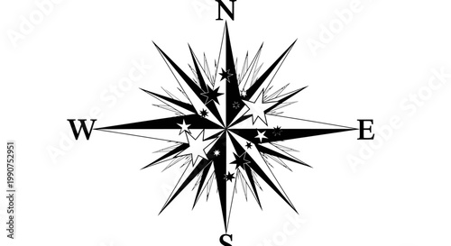 Detailed vintage style compass rose indicating cardinal directions North, South, East, West, isolated white background.