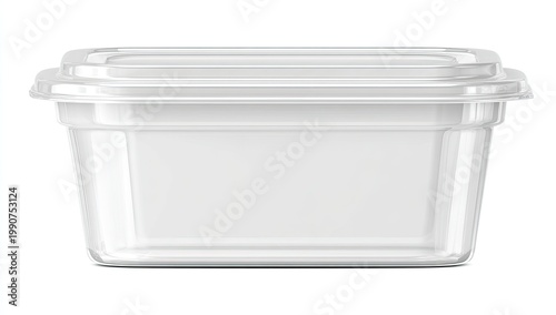 Clear, rectangular plastic food container with a matching lid, isolated on white