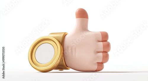 Gold cuff accessory adorns a stylized hand giving a thumbs-up gesture