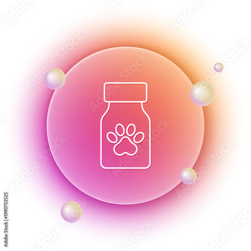 White Medicine bottle and pills icon isolated on white background. Container with pills. Prescription medicine for animal. Orange and pink gradient circle background. Vector